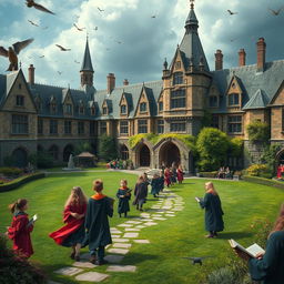 A magical school setting reminiscent of a fantasy film, with sprawling ancient buildings, lush green lawns, and students in vibrant robes carrying spellbooks