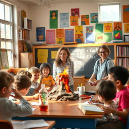 A cinematic scene depicting a lively and vibrant school environment, filled with enthusiastic students and a cheerful teacher