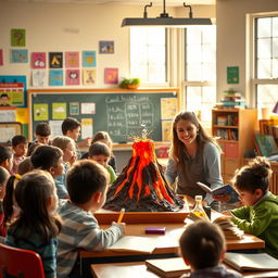 A cinematic scene depicting a lively and vibrant school environment, filled with enthusiastic students and a cheerful teacher