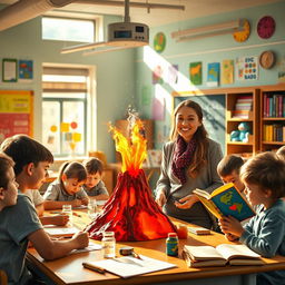 A cinematic scene depicting a lively and vibrant school environment, filled with enthusiastic students and a cheerful teacher