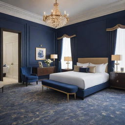 A junior suite room exuding luxury and sophistication with its navy blue and gold decor. Elements of elegance permeate the space, including upmarket furnishings, stylish fixtures, and exquisite detailing.