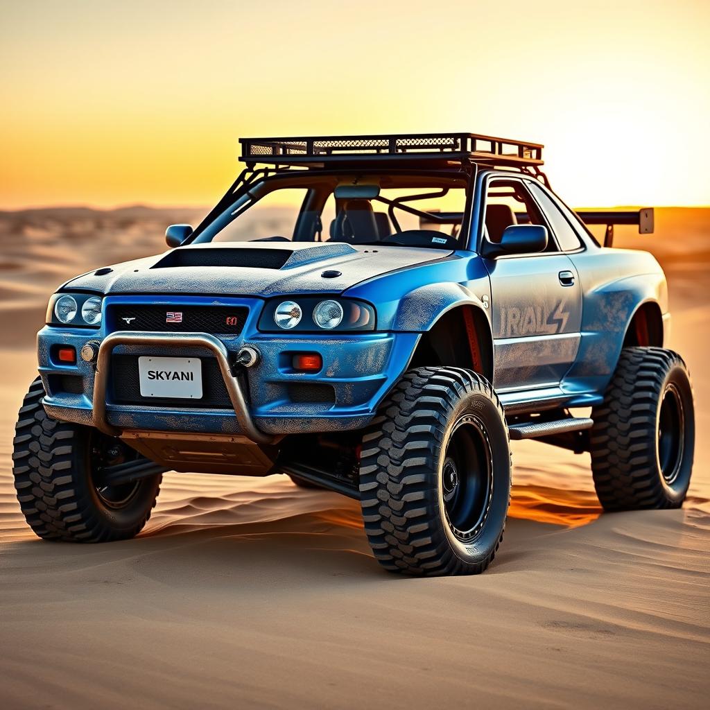 A creatively transformed Nissan Skyline R34 GTR buggy, merging the high-performance elements of the R34 GTR with the rugged, off-road aesthetic of a dune buggy