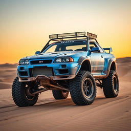 A creatively transformed Nissan Skyline R34 GTR buggy, merging the high-performance elements of the R34 GTR with the rugged, off-road aesthetic of a dune buggy