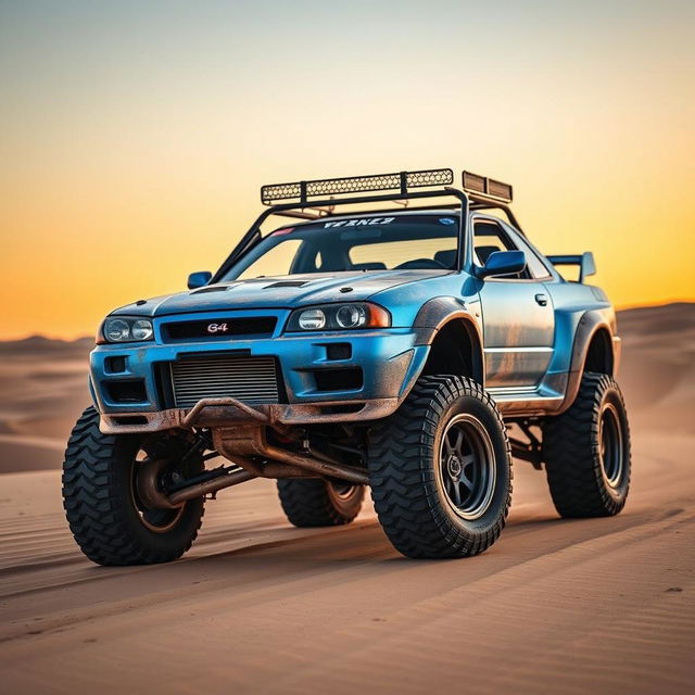 A creatively transformed Nissan Skyline R34 GTR buggy, merging the high-performance elements of the R34 GTR with the rugged, off-road aesthetic of a dune buggy