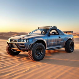 A creatively transformed Nissan Skyline R34 GTR buggy, merging the high-performance elements of the R34 GTR with the rugged, off-road aesthetic of a dune buggy