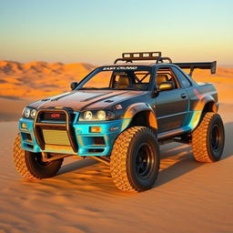 A creatively transformed Nissan Skyline R34 GTR buggy, merging the high-performance elements of the R34 GTR with the rugged, off-road aesthetic of a dune buggy