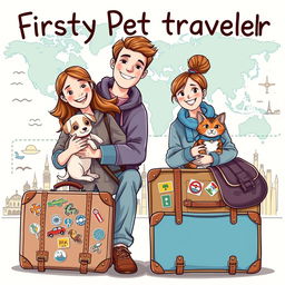 A delightful and inviting book cover illustration for a travel guide aimed at first-time pet travelers