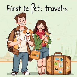 A delightful and inviting book cover illustration for a travel guide aimed at first-time pet travelers