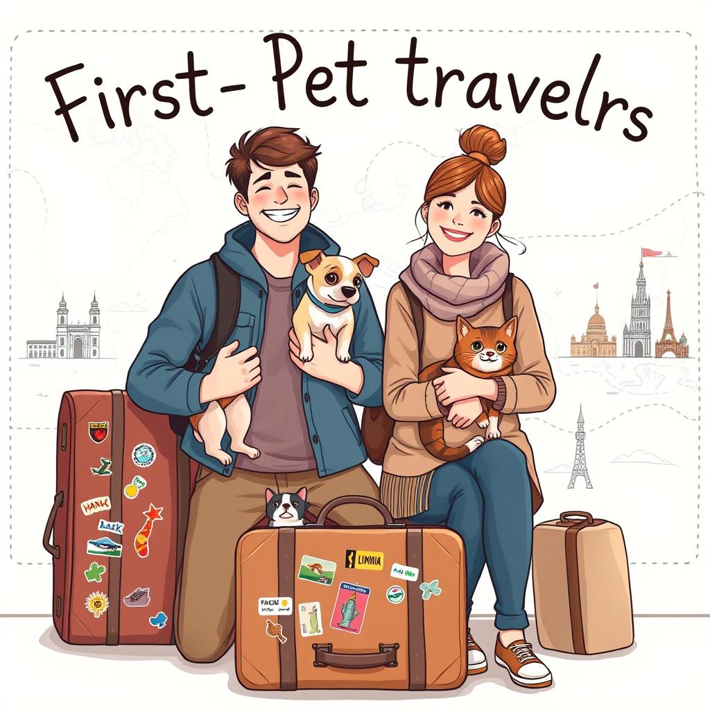 A delightful and inviting book cover illustration for a travel guide aimed at first-time pet travelers