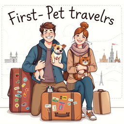 A delightful and inviting book cover illustration for a travel guide aimed at first-time pet travelers