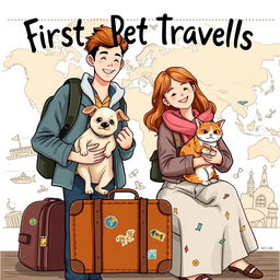 A delightful and inviting book cover illustration for a travel guide aimed at first-time pet travelers