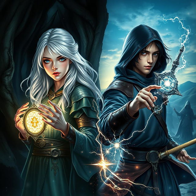 A fantasy book cover featuring two central characters