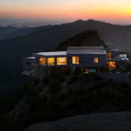 A majestic house perched on a rugged mountaintop under a delicate sunset.