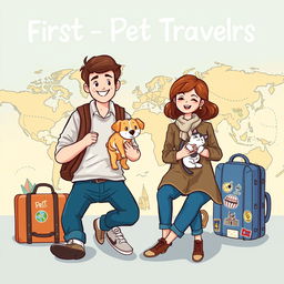 A delightful and inviting book cover illustration for a travel guide aimed at first-time pet travelers