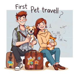 A delightful and inviting book cover illustration for a travel guide aimed at first-time pet travelers