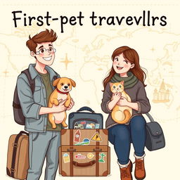 A delightful and inviting book cover illustration for a travel guide aimed at first-time pet travelers