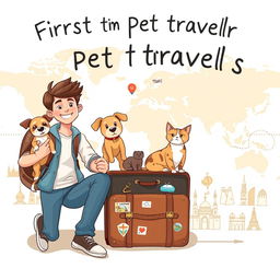 A delightful and inviting book cover illustration for a travel guide aimed at first-time pet travelers