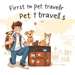 A delightful and inviting book cover illustration for a travel guide aimed at first-time pet travelers