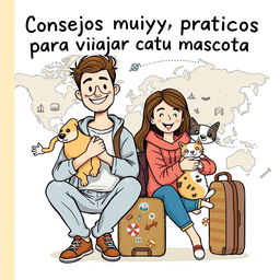 A fun and inviting book cover illustration for a travel advice guide titled "Consejos muyyy prácticos para viajar con tu mascota