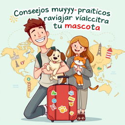 A fun and inviting book cover illustration for a travel advice guide titled "Consejos muyyy prácticos para viajar con tu mascota