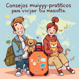 A fun and inviting book cover illustration for a travel advice guide titled "Consejos muyyy prácticos para viajar con tu mascota