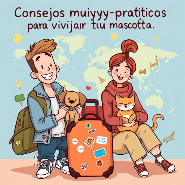 A fun and inviting book cover illustration for a travel advice guide titled "Consejos muyyy prácticos para viajar con tu mascota