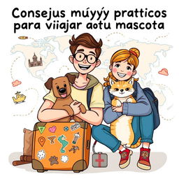 A fun and inviting book cover illustration for a travel advice guide titled "Consejos muyyy prácticos para viajar con tu mascota