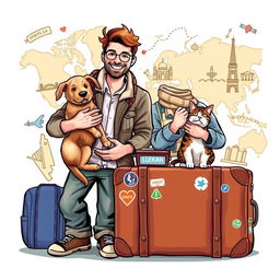 A playful and inviting book cover design featuring a young man and woman, aged between 23 and 40, preparing for a trip with their pets