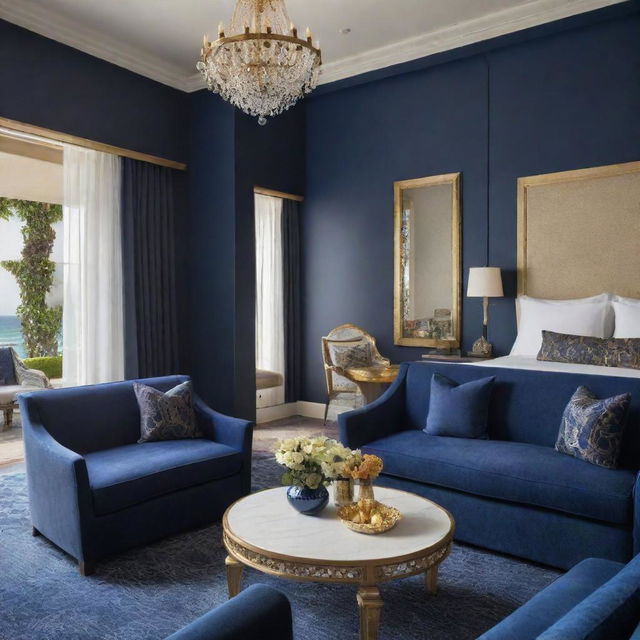 A luxe junior suite room in a resort, adorned in an elegant navy blue and gold color scheme. Premium furnishings, opulent decor, and high-end amenities accentuate the room's regal and chic ambience.