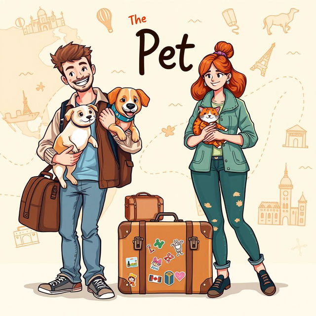 A playful and inviting book cover design featuring a young man and woman, aged between 23 and 40, preparing for a trip with their pets