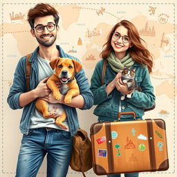 A playful and inviting book cover design featuring a young man and woman, aged between 23 and 40, preparing for a trip with their pets