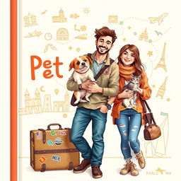 A playful and inviting book cover design featuring a young man and woman, aged between 23 and 40, preparing for a trip with their pets