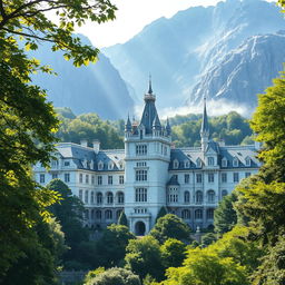 A magical school built entirely from brilliant white marble, nestled within the heart of a lush, green forest