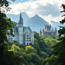 A magical school built entirely from brilliant white marble, nestled within the heart of a lush, green forest