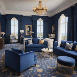 A luxe junior suite room in a resort, adorned in an elegant navy blue and gold color scheme. Premium furnishings, opulent decor, and high-end amenities accentuate the room's regal and chic ambience.