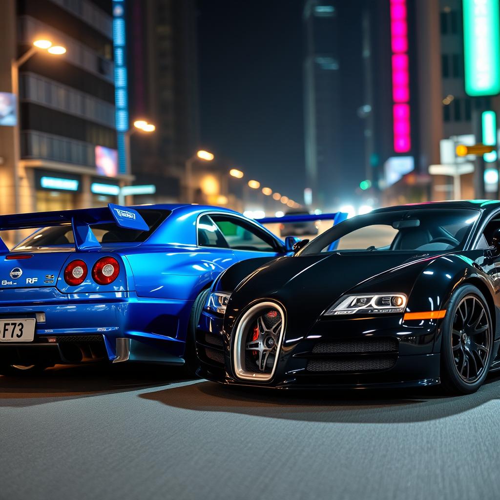 A stunning showcase of both a Nissan Skyline R34 and a Bugatti parked side by side in a sleek urban setting at night