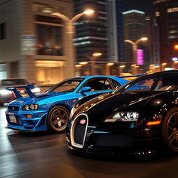 A stunning showcase of both a Nissan Skyline R34 and a Bugatti parked side by side in a sleek urban setting at night