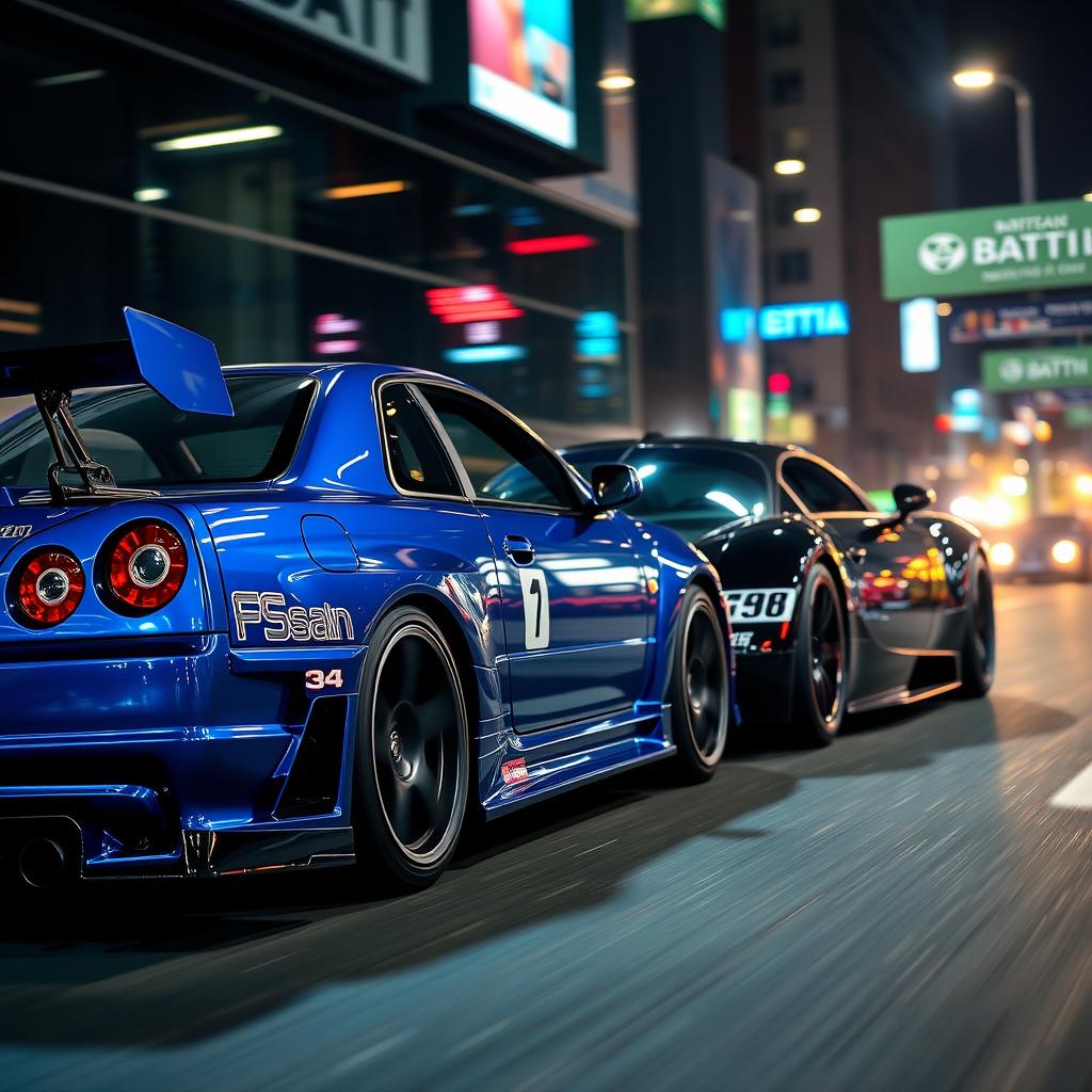 A stunning showcase of both a Nissan Skyline R34 and a Bugatti parked side by side in a sleek urban setting at night