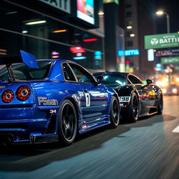 A stunning showcase of both a Nissan Skyline R34 and a Bugatti parked side by side in a sleek urban setting at night