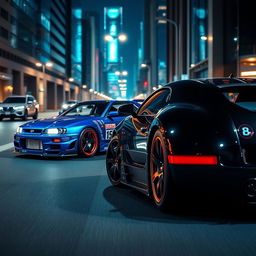 A stunning showcase of both a Nissan Skyline R34 and a Bugatti parked side by side in a sleek urban setting at night