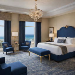 A luxe junior suite room in a resort, adorned in an elegant navy blue and gold color scheme. Premium furnishings, opulent decor, and high-end amenities accentuate the room's regal and chic ambience.