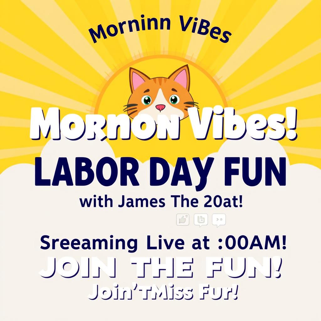 A bright and cheerful holiday-themed design encapsulates the festive spirit of Labor Day with sun rays and fluffy clouds as the central motifs