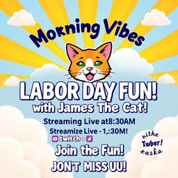 A bright and cheerful holiday-themed design encapsulates the festive spirit of Labor Day with sun rays and fluffy clouds as the central motifs