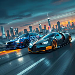 An exhilarating scene featuring a Nissan Skyline R34 and a Bugatti Bolide racing through a futuristic city at dusk