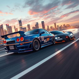 An exhilarating scene featuring a Nissan Skyline R34 and a Bugatti Bolide racing through a futuristic city at dusk