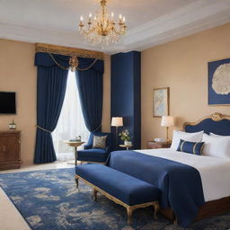 A luxe junior suite room in a resort, adorned in an elegant navy blue and gold color scheme. Premium furnishings, opulent decor, and high-end amenities accentuate the room's regal and chic ambience.