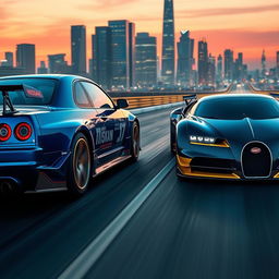 An exhilarating scene featuring a Nissan Skyline R34 and a Bugatti Bolide racing through a futuristic city at dusk