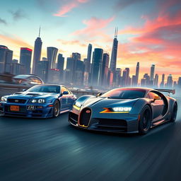 An exhilarating scene featuring a Nissan Skyline R34 and a Bugatti Bolide racing through a futuristic city at dusk