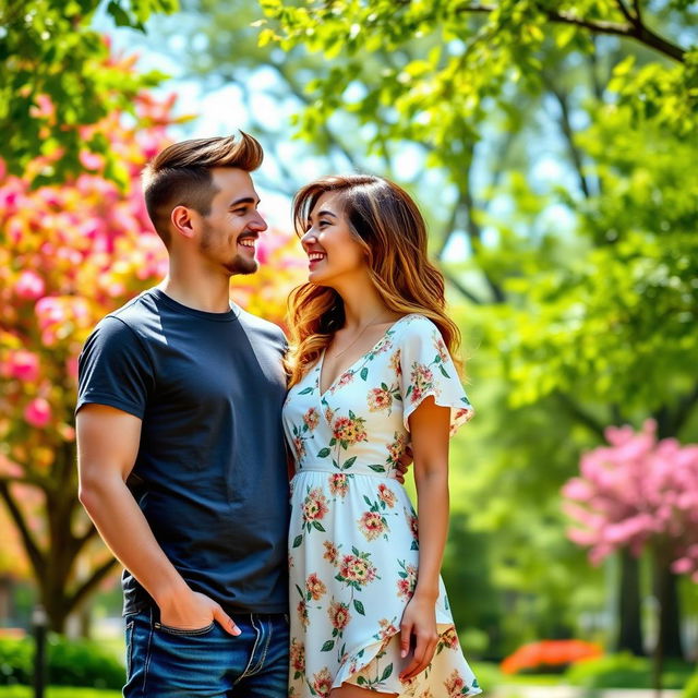 A stylish portrait of a young adult male and female couple standing together