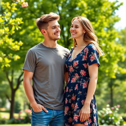 A stylish portrait of a young adult male and female couple standing together